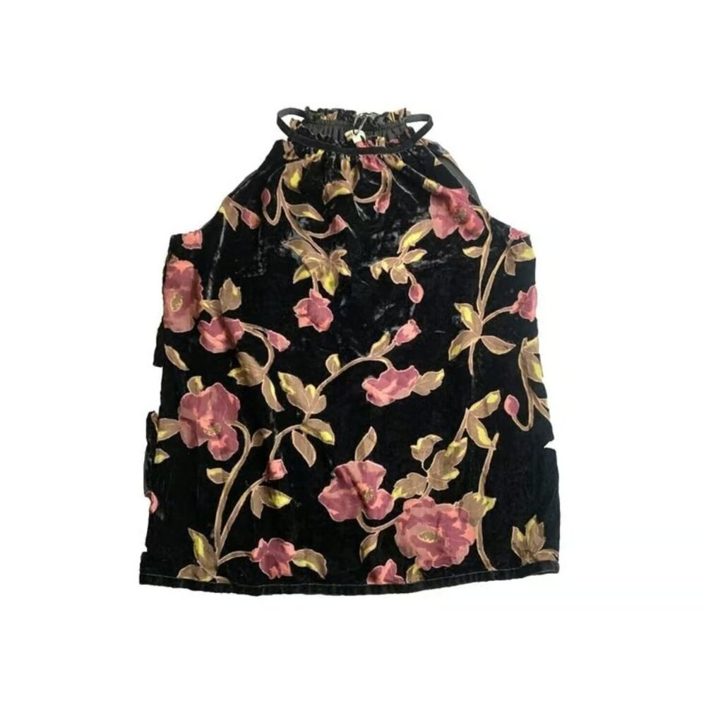 Max Studio Shirt Women Small Black AOP Floral Halter Boho Blouse Nylon Rayon NWT